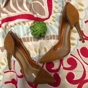 Shoedazzle Tan & Clear Suede Heels - Size 8